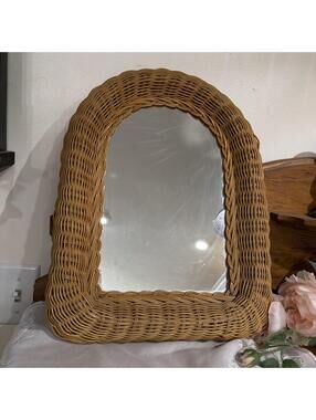Vintage MCM Wicker Rattan Mirror 12x16” Natural Cottage 60s 70s Boho Neutral